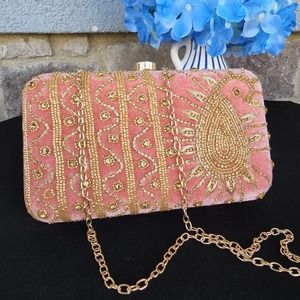 NWT Pink velvet clutch with gold zardozi, beads and sequins embroidery.
